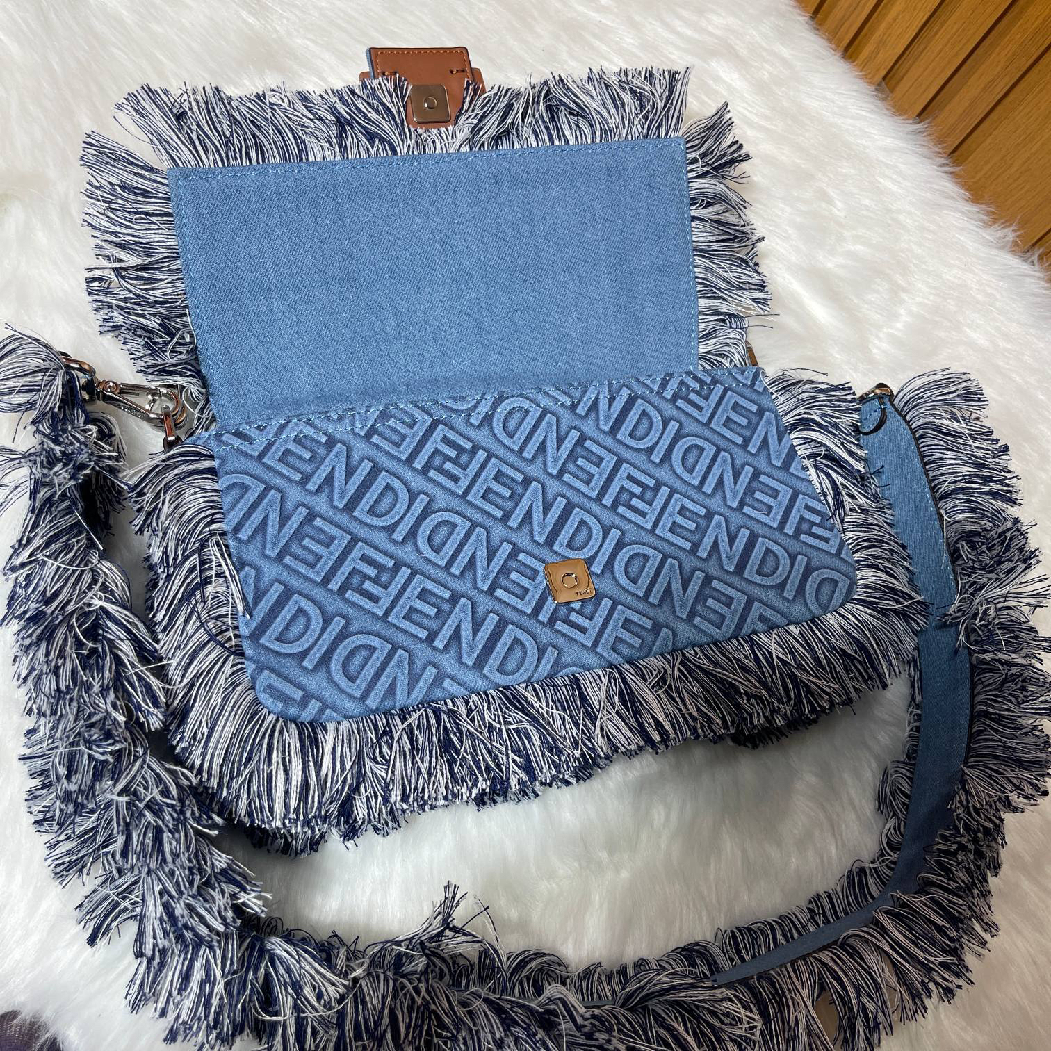 Fendi Baguette Embossed Denim Tassel Bag Size: 26 15cm, Model 0199