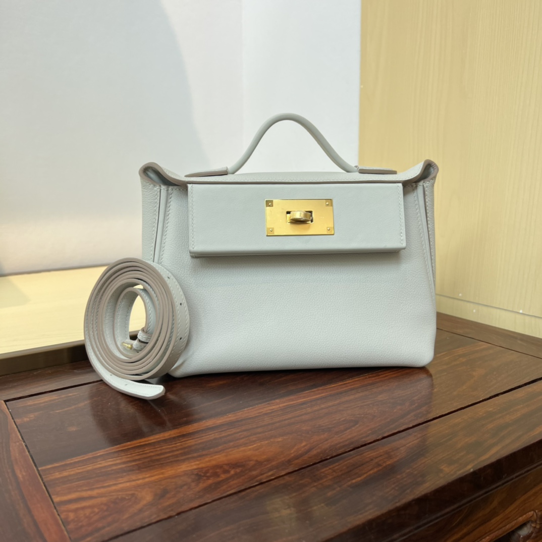 Hermès new Kelly2424mini handmade glacier white evercolor Swift leather size: 21cm